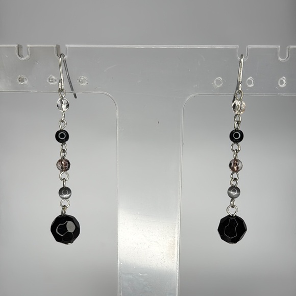 Black and Silver Linear Drop Earrings with Beads - Picture 1 of 4